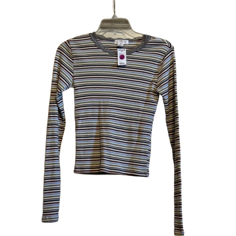 Ivy+Main Cropped Multi Striped Thermal Knit Long Sleeves Lace Neck Shirt Size S